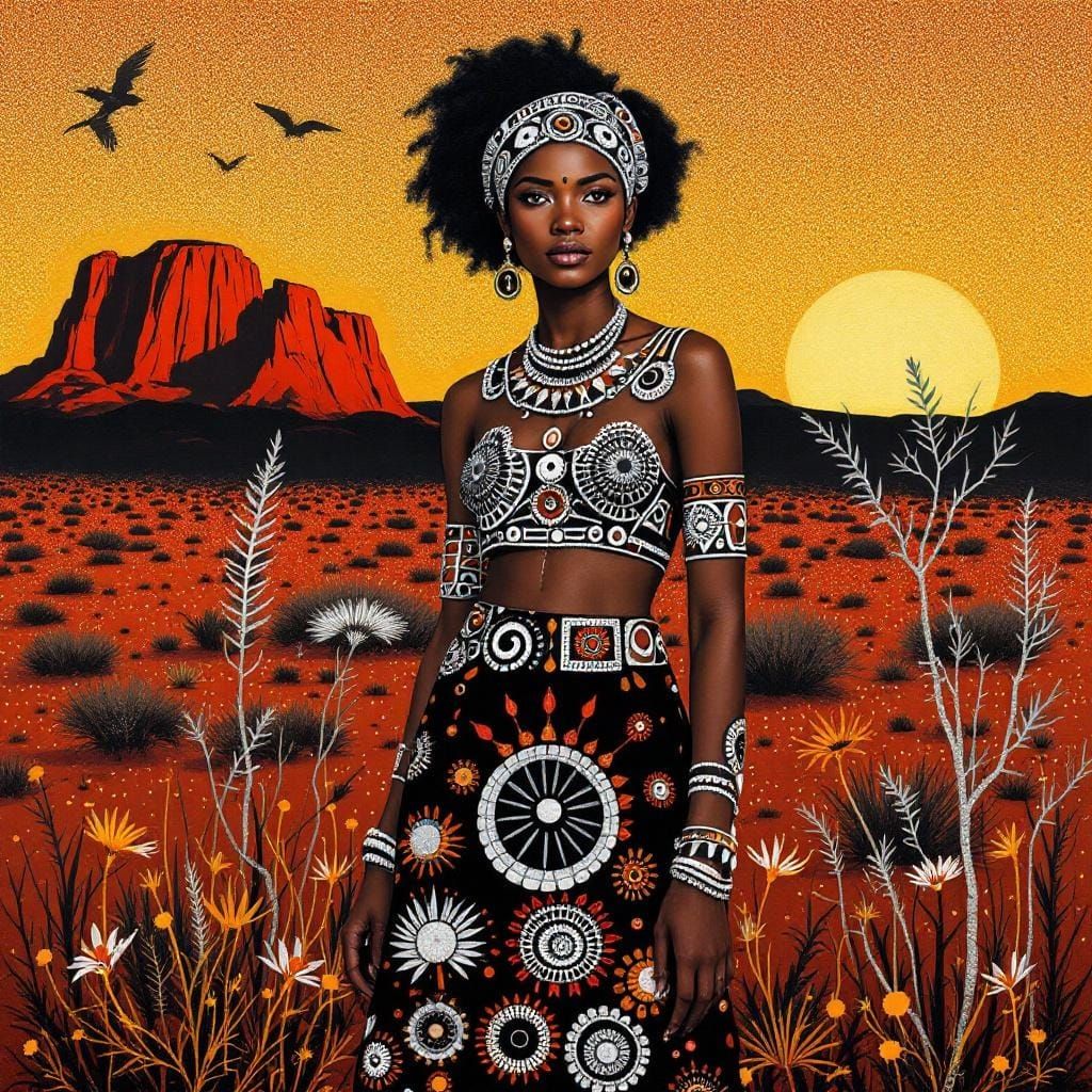 Aboriginal Woman in Outback, Traditional Art Style
