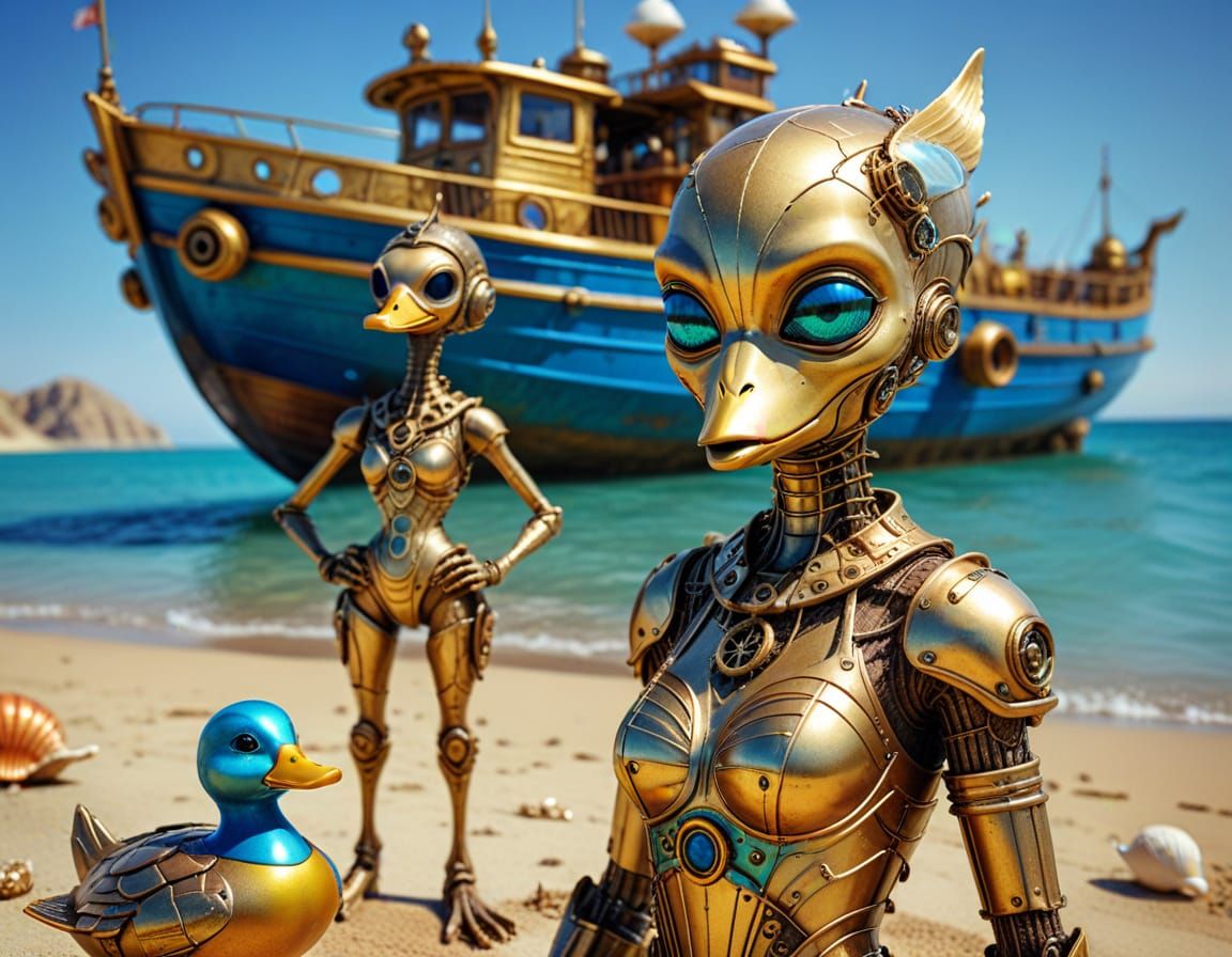 Steampunk Beach Vacation with Alien and Duck