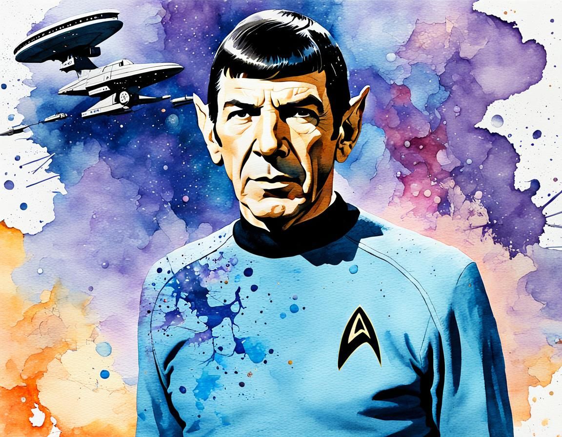 Spock in Watercolor Art Style on Star Trek Bridge
