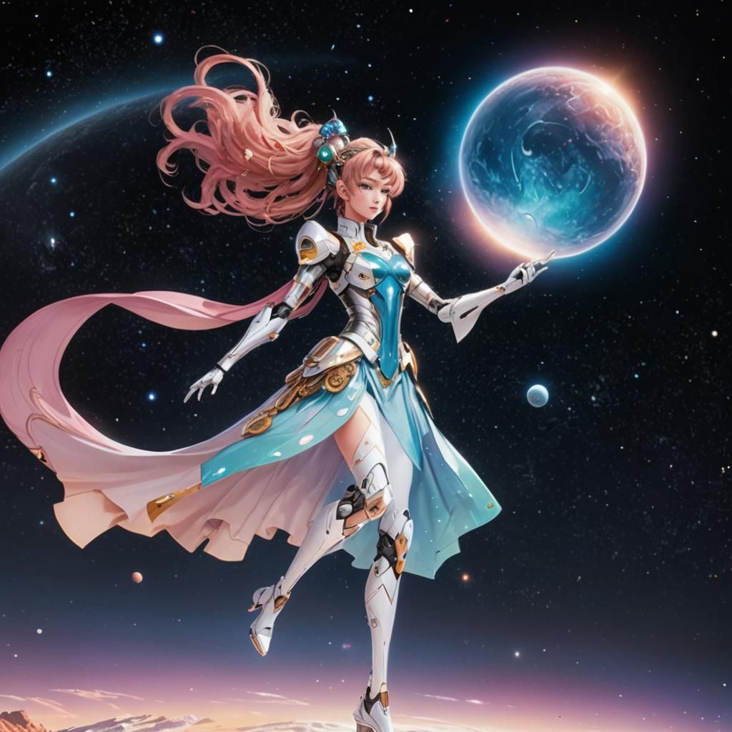 Cyberpunk Goddess Poses Heroically Amidst Celestial Wonders