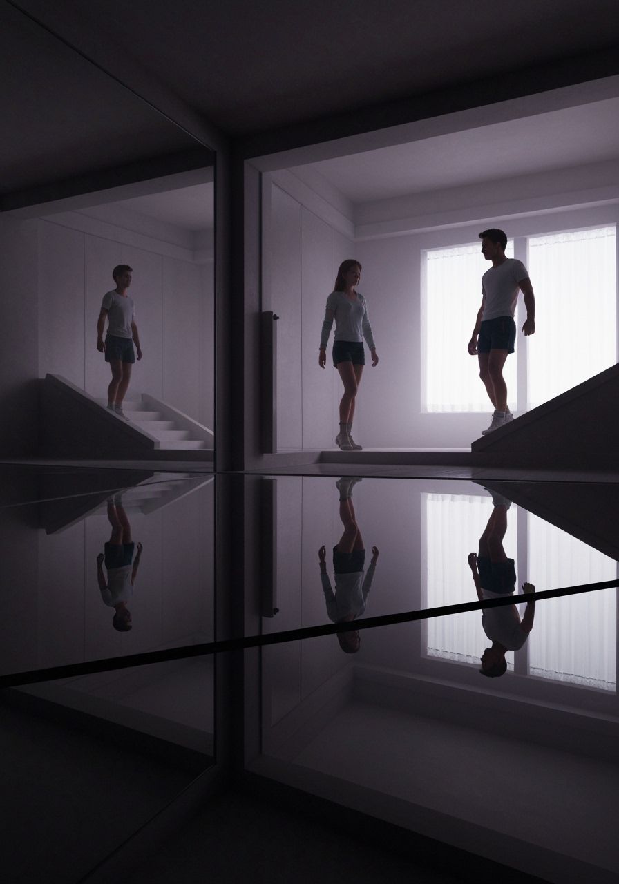 Mirror Reflections Of Woman Walking On Ceiling