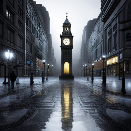 Dramatic Clock Tower in Stormy City Square