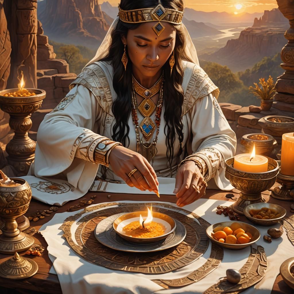 Cherokee Priestess Offering at Sunrise: Fantasy Art