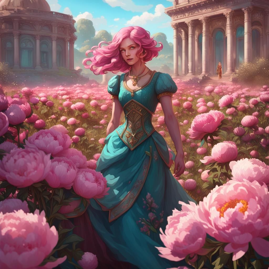 Woman in Peony Field: Hyperdetailed Concept Art