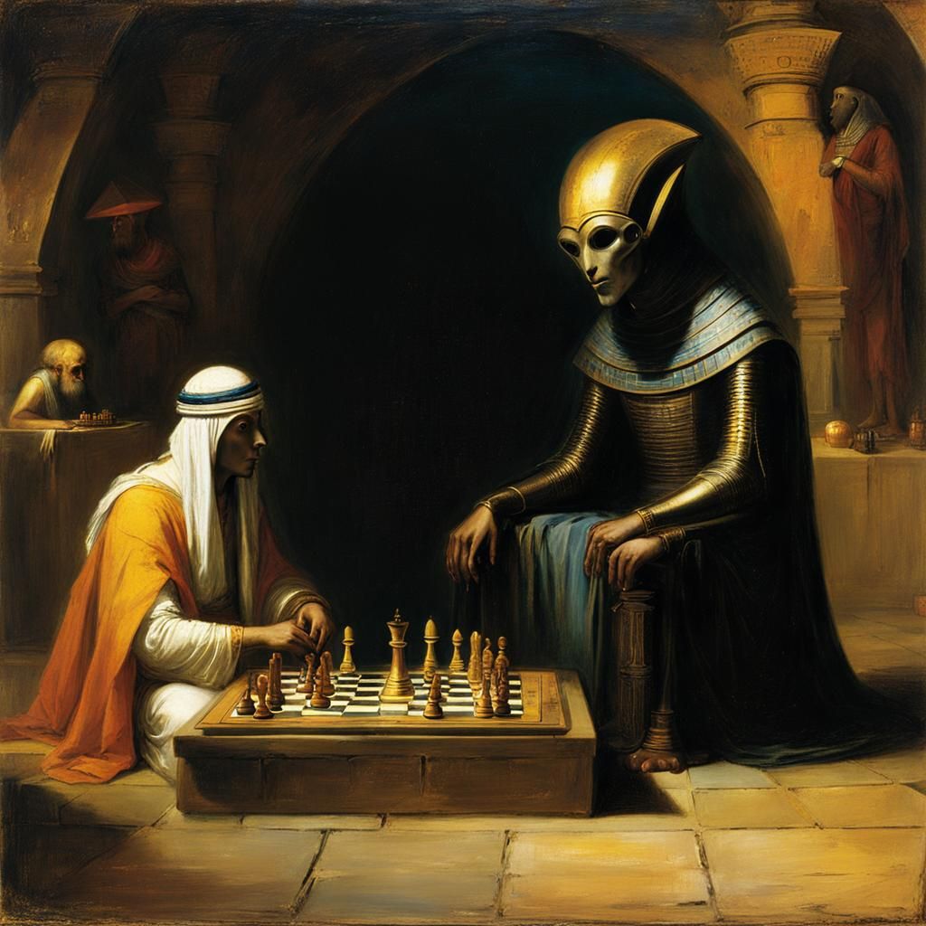 Alien Versus Pharaoh Chess Match in Pyramid
