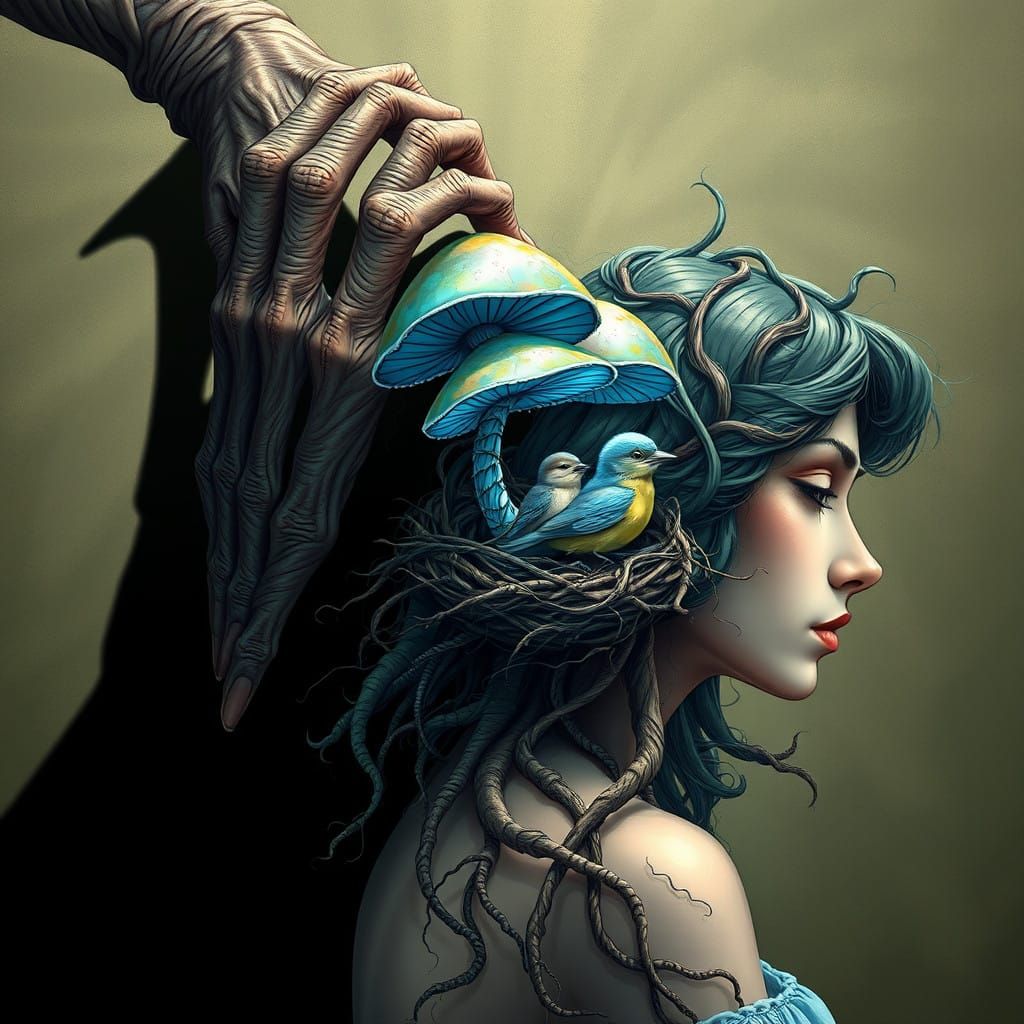 Ethereal Surrealist Scene with Twisted Tree Root Hand Castin...