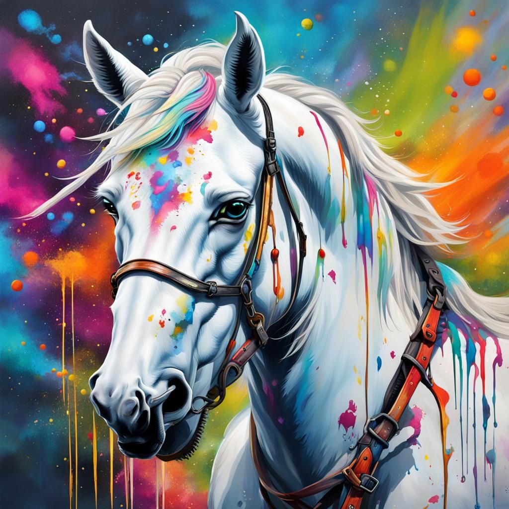 White Unicorn in Meadow: Graffiti Art Style