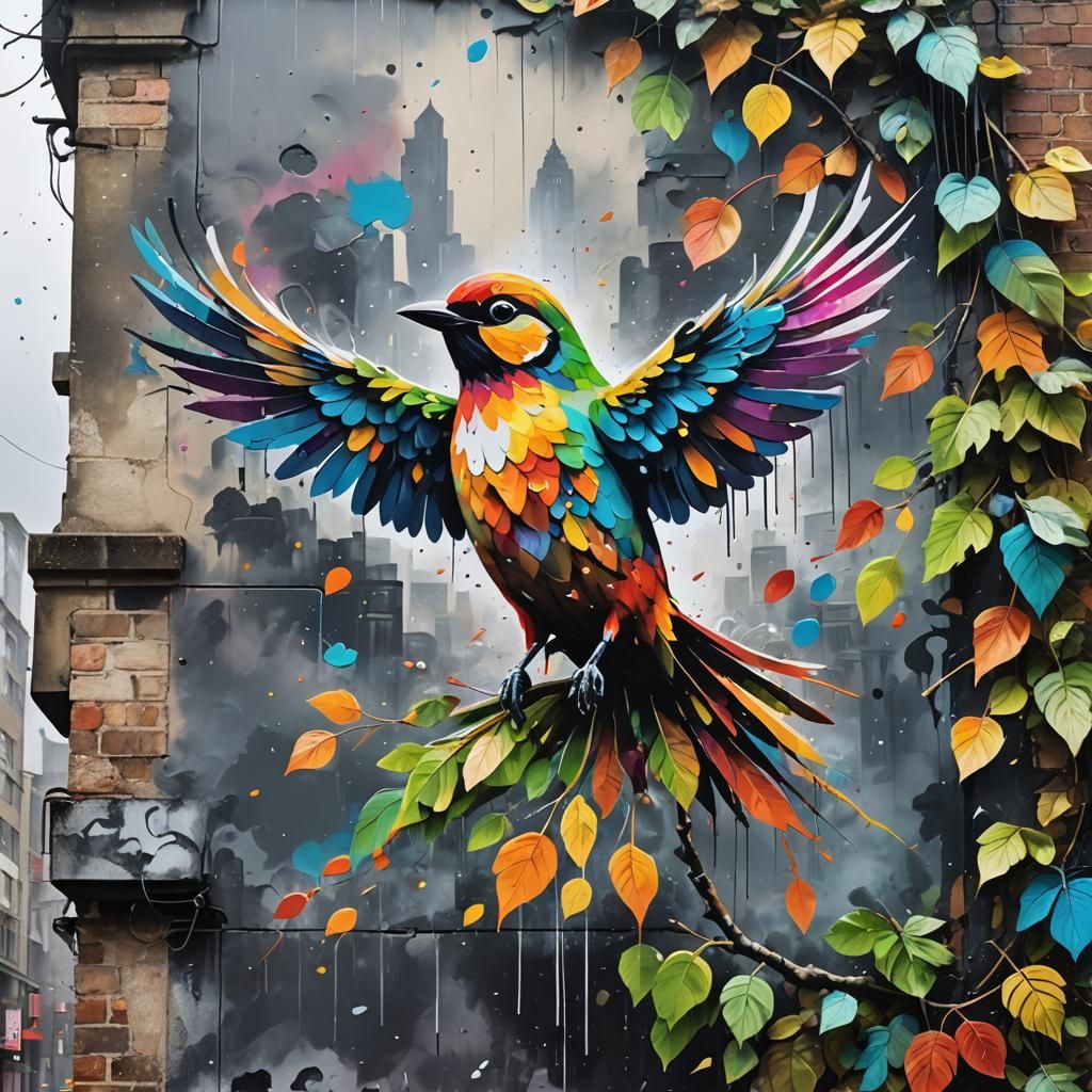 Vibrant Street Art: Bird of Leaves and Stone
