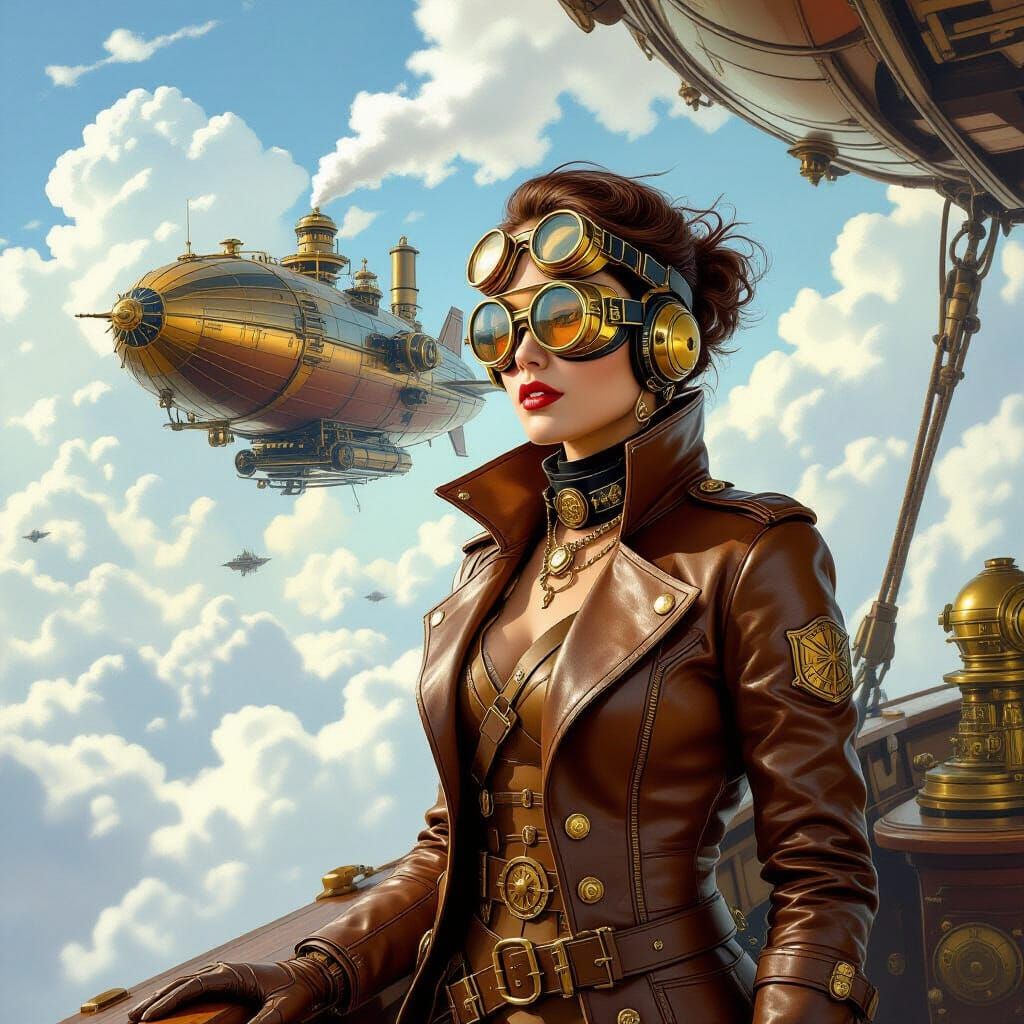 Steampunk Airship Captain Soaring Through Clockwork Sky