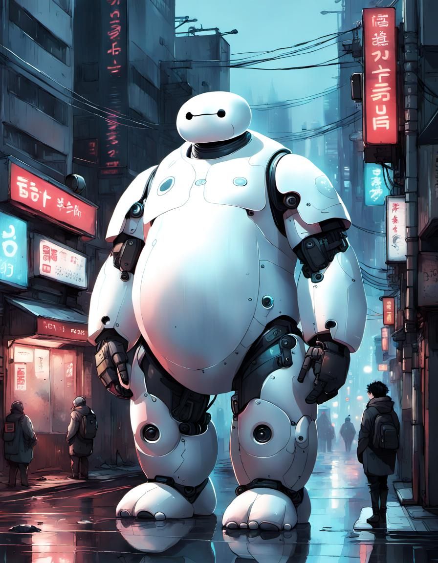 Adorable Cyberpunk Baymax in Tokyo Streetscape