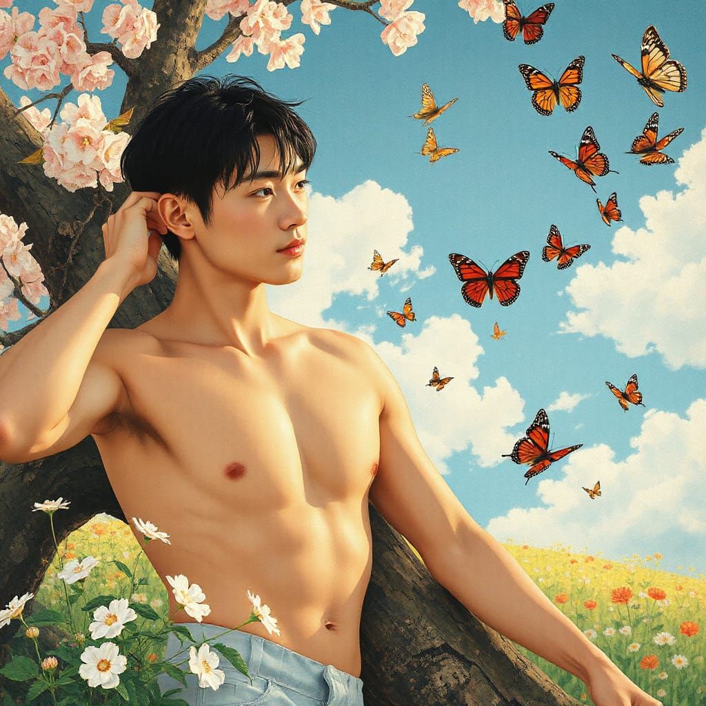 Muscular Japanese Man Dancing with Butterflies in Ukiyo-e St...