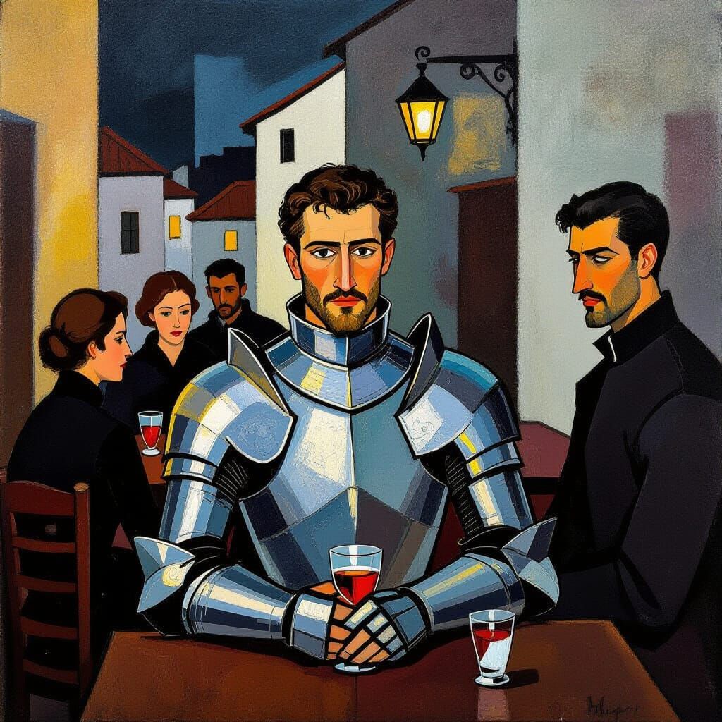 Brave Knight in Evening Tavern, Modigliani & Caravaggio Styl...