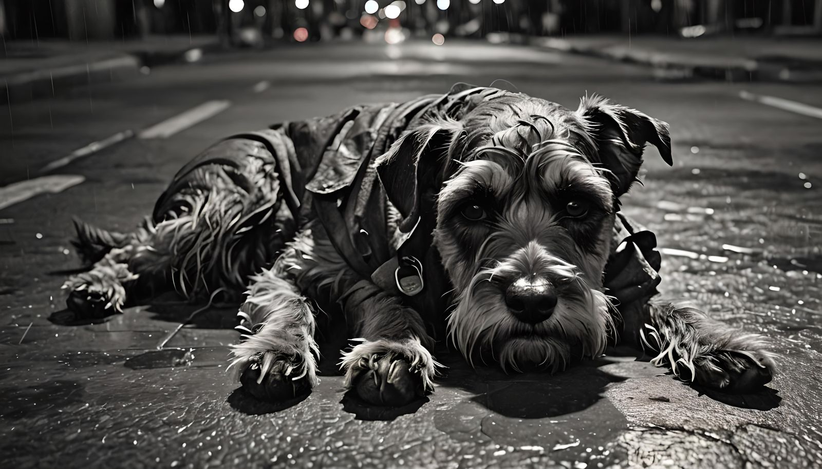 Homeless Schnauzer Sleeping in the Rain