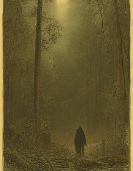 Eerie Hooded Figure in Forest at Sunset