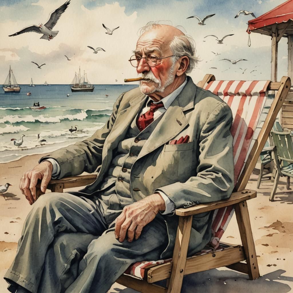 Seaside Scene: McGill-Style Seagulls Observe Old Man