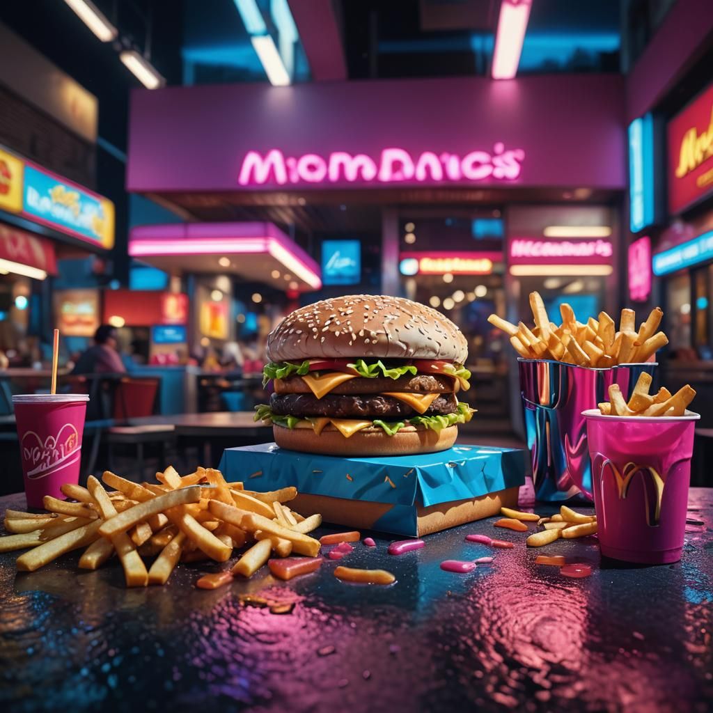 Neon Surrealism: McDonald's at Night, Hyper-Realistic Art