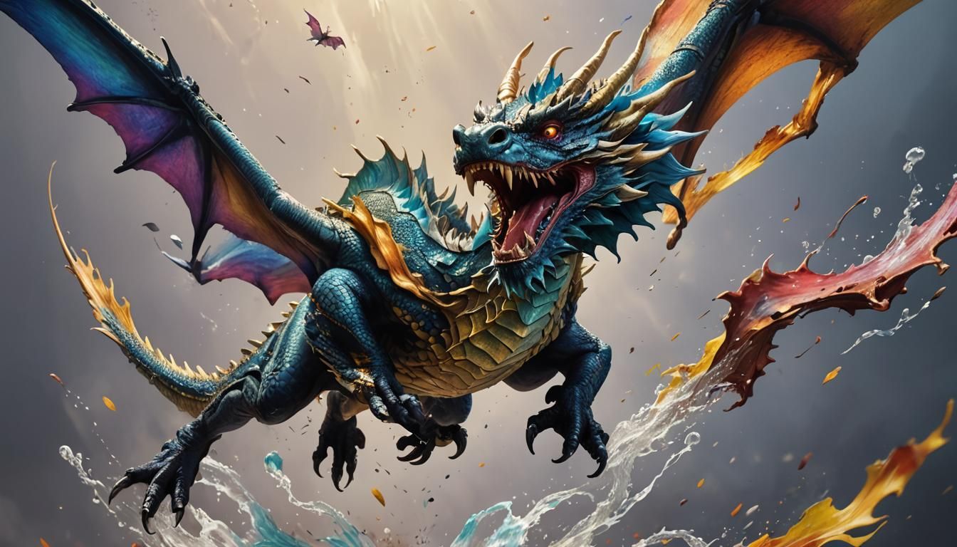 Flying Dragon in Hyperrealistic Splash Art