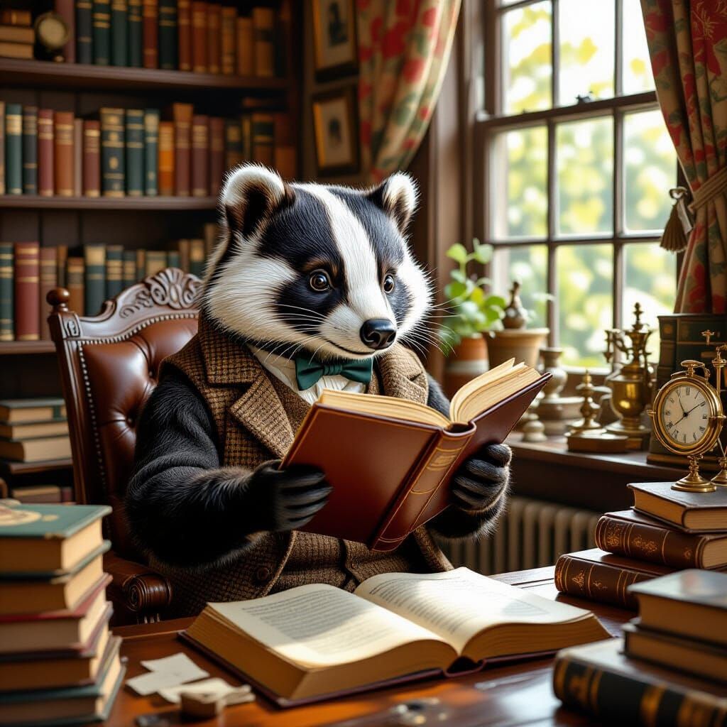 Anthropomorphic Badger Reads in Cozy Study