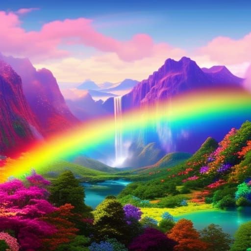 Colorful Waterfall Landscape with Rainbow in Fantasy Style