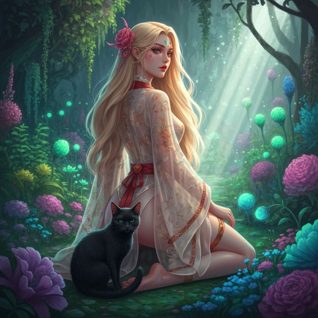 Woman and Cat in Bioluminescent Ghoul Garden