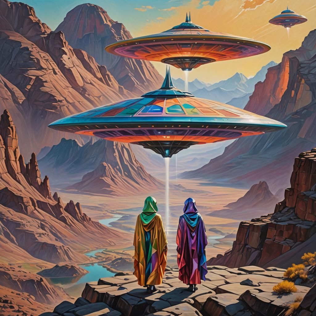 Alien Women and UFO in Surrealist Oil Painting