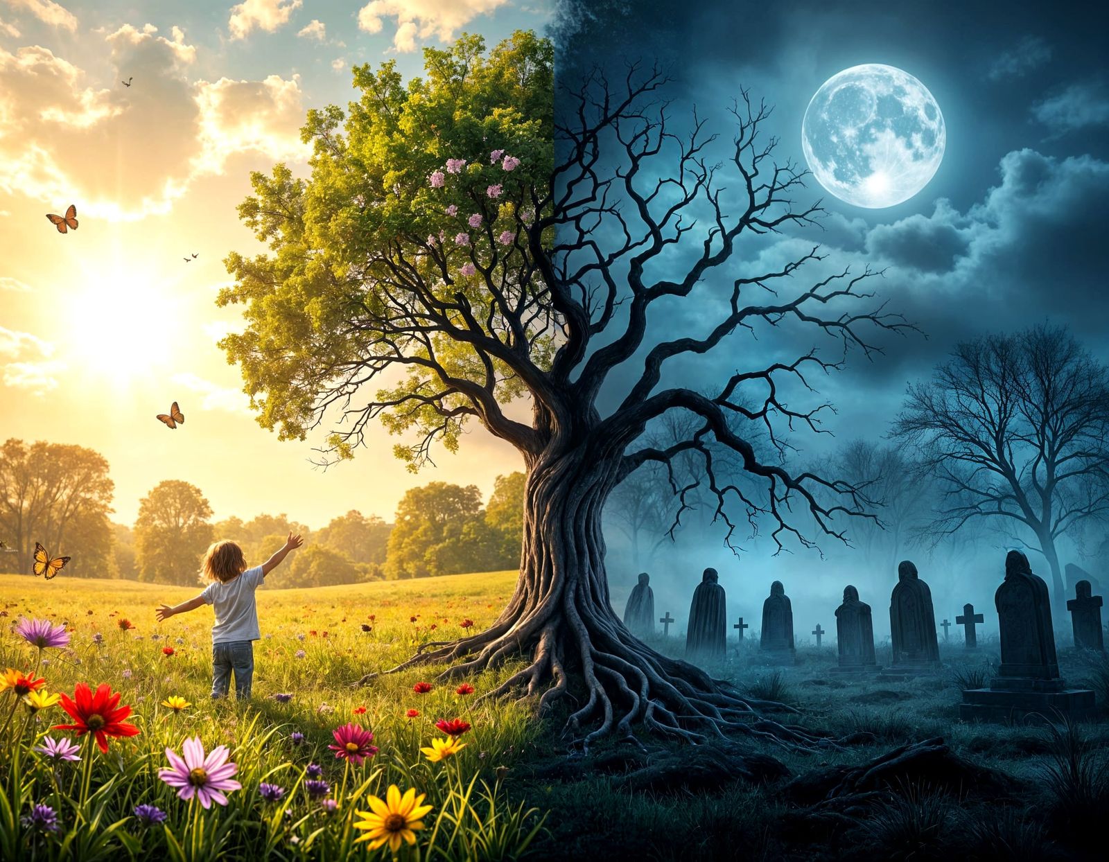 Life and Death: A Split-Scene Symbolic Artwork