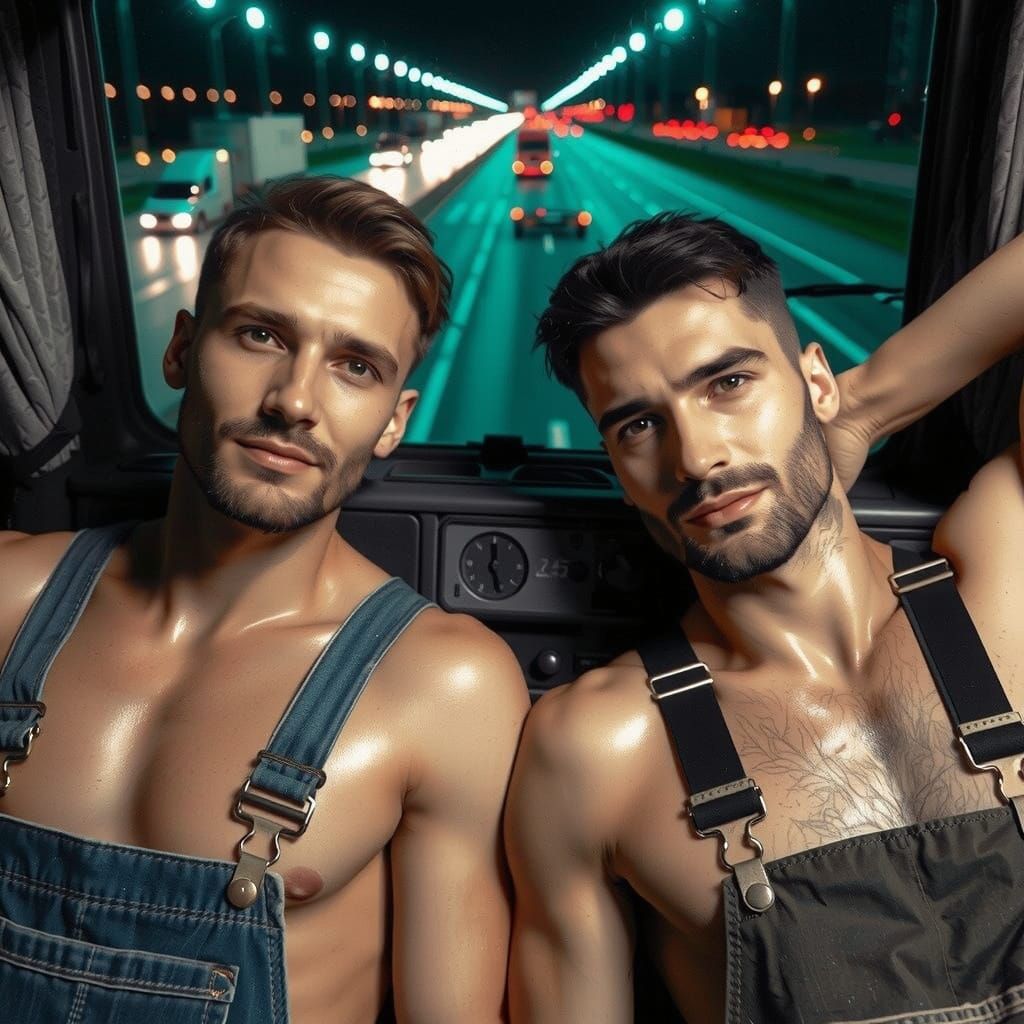 Truck Drivers Resting in Cabin on Highway Night