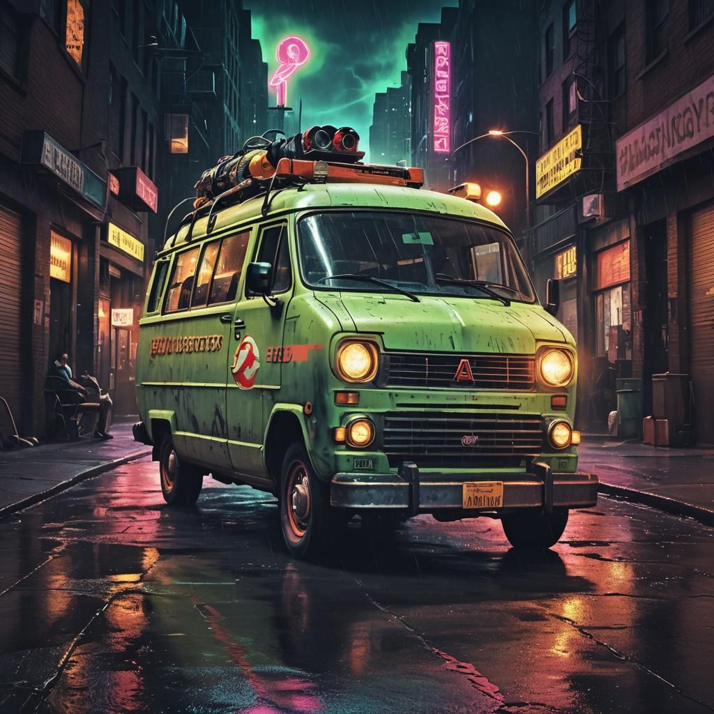 Retro 80s Movie Poster of Ghostbusters Van