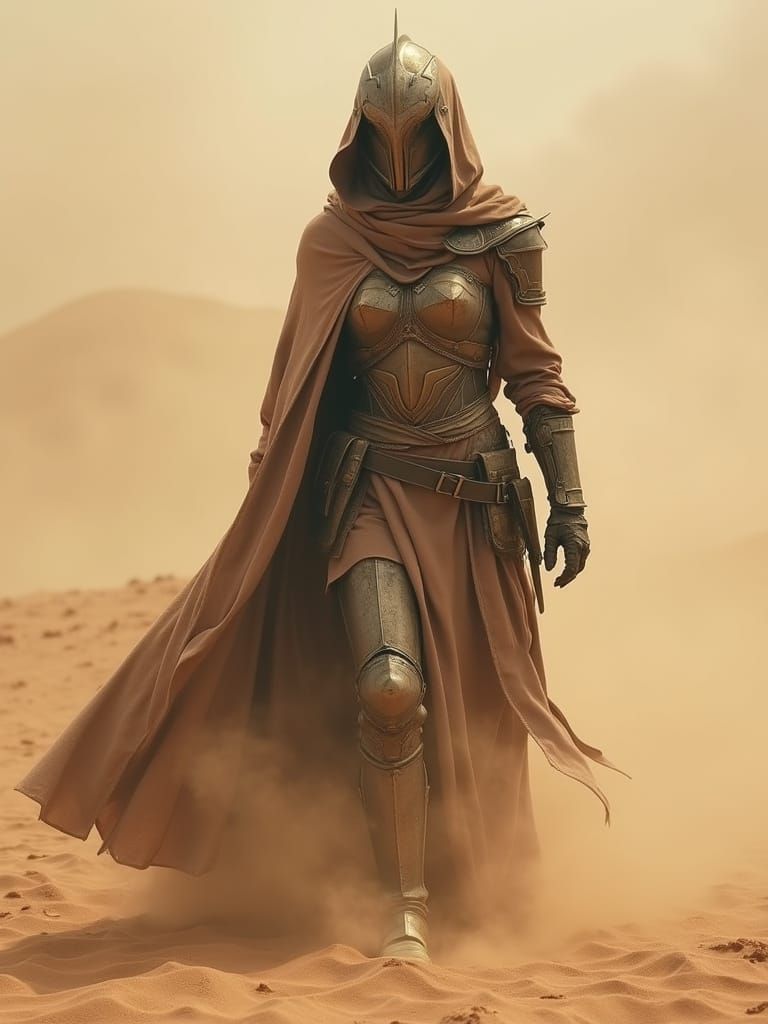 Armored Figure Materializing from Sandstorm
