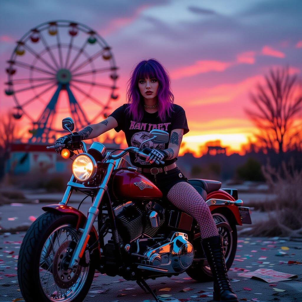 Grunge Album Cover: Woman on Motorcycle at Twilight