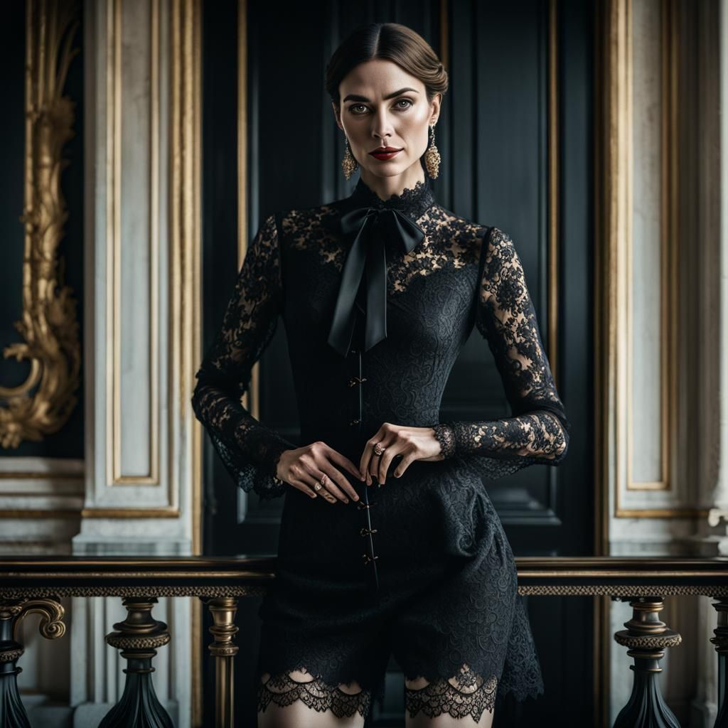Elegant Woman in Lace Dress: Hyper-Realistic Noir Photograph...