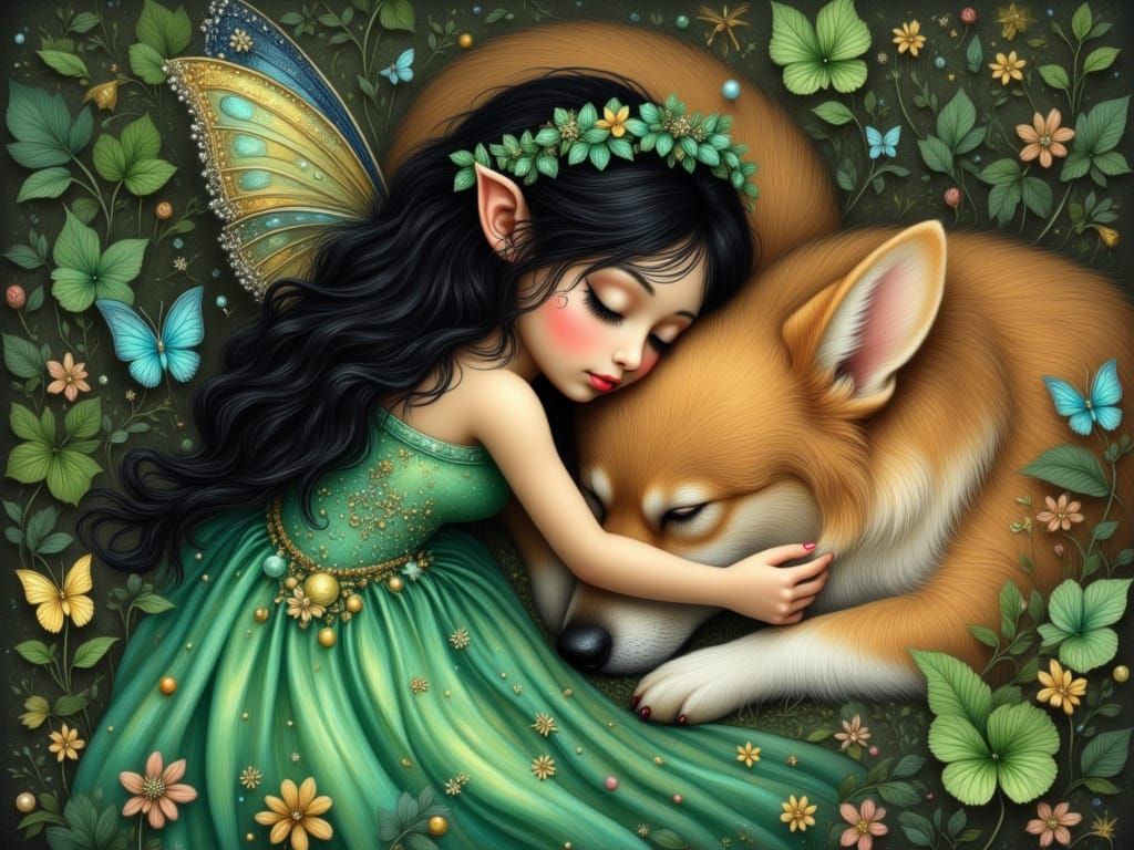 Faerie Queen Rests on Sleeping Corgi in Chalk Art Style