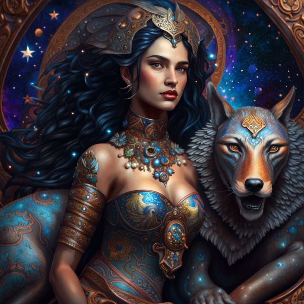 Amazon Warrior Riding Fenris Wolf in Space