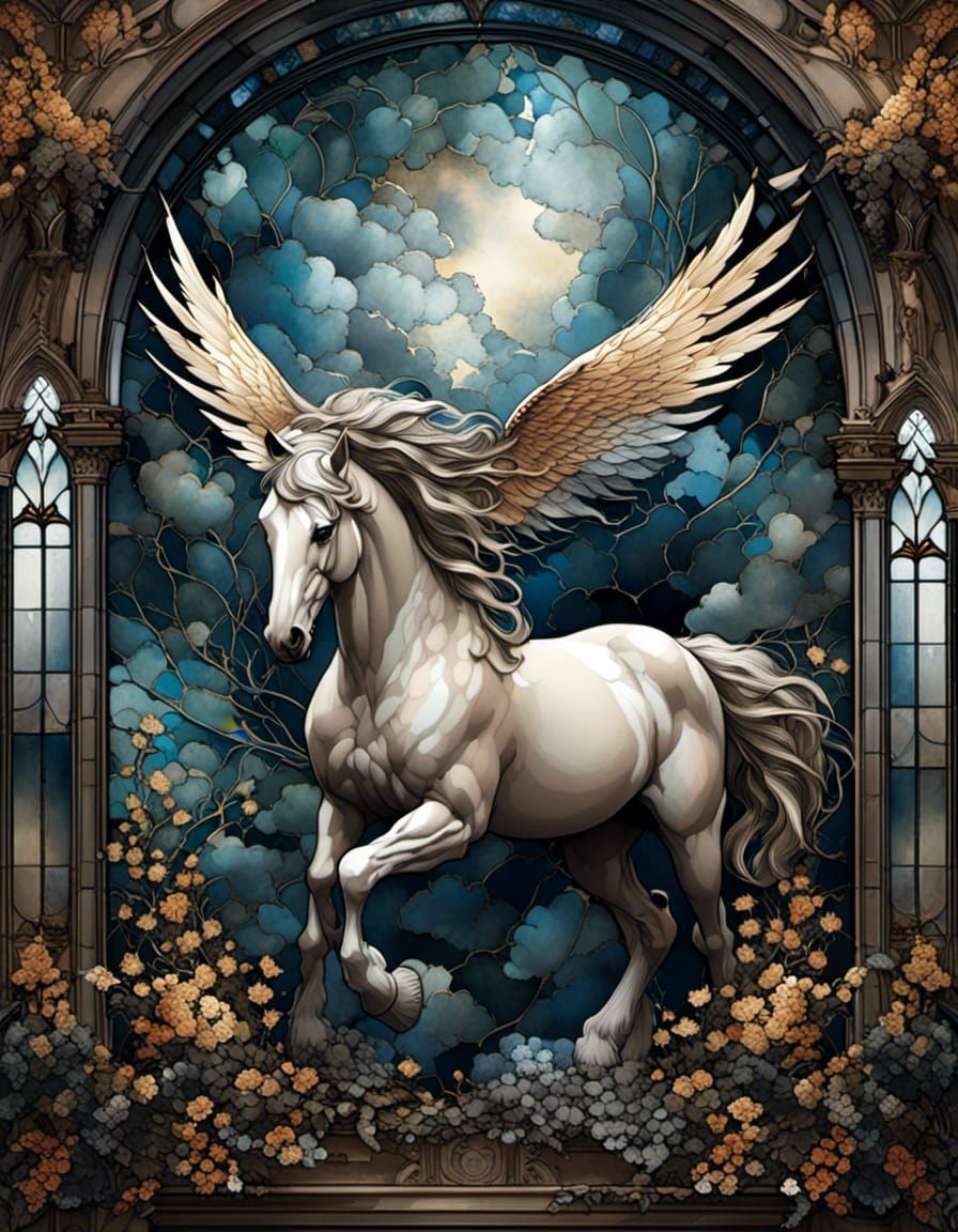 Stained Glass Pegasus in Ethereal Cloudscape
