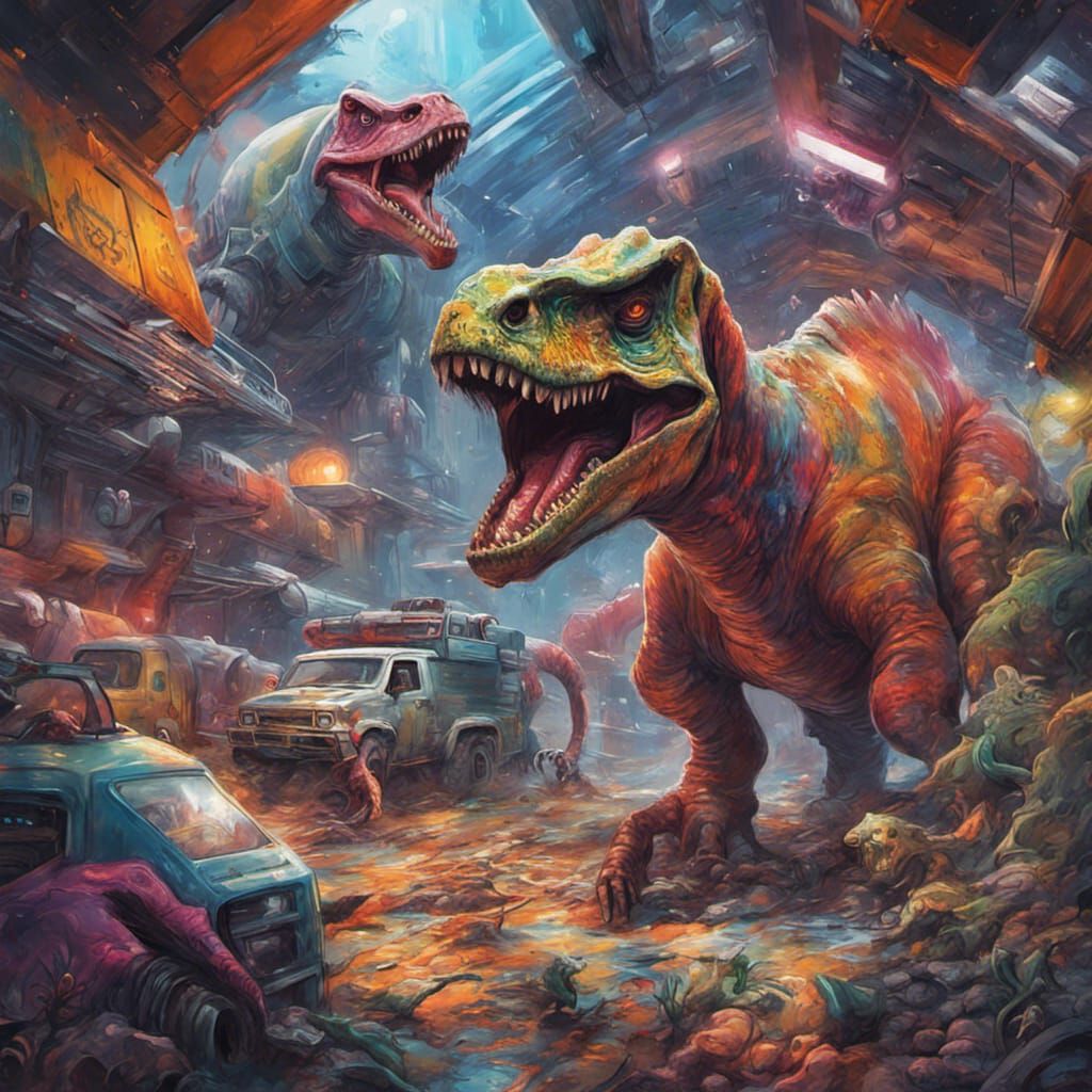 Humanoid Dinosaurs Hunting Humans in Graffiti Art Style