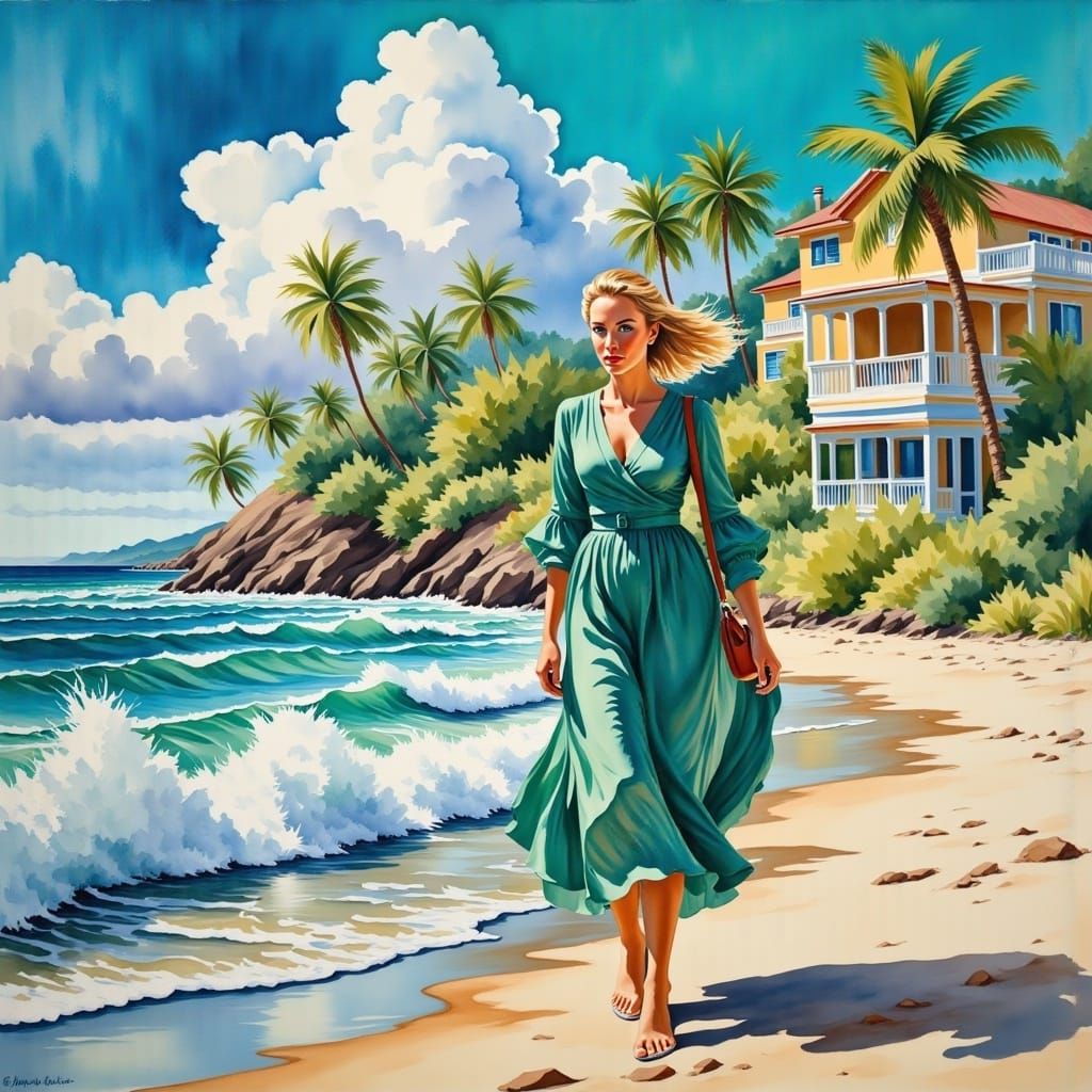 Woman on Tropical Beach in Gouache Style