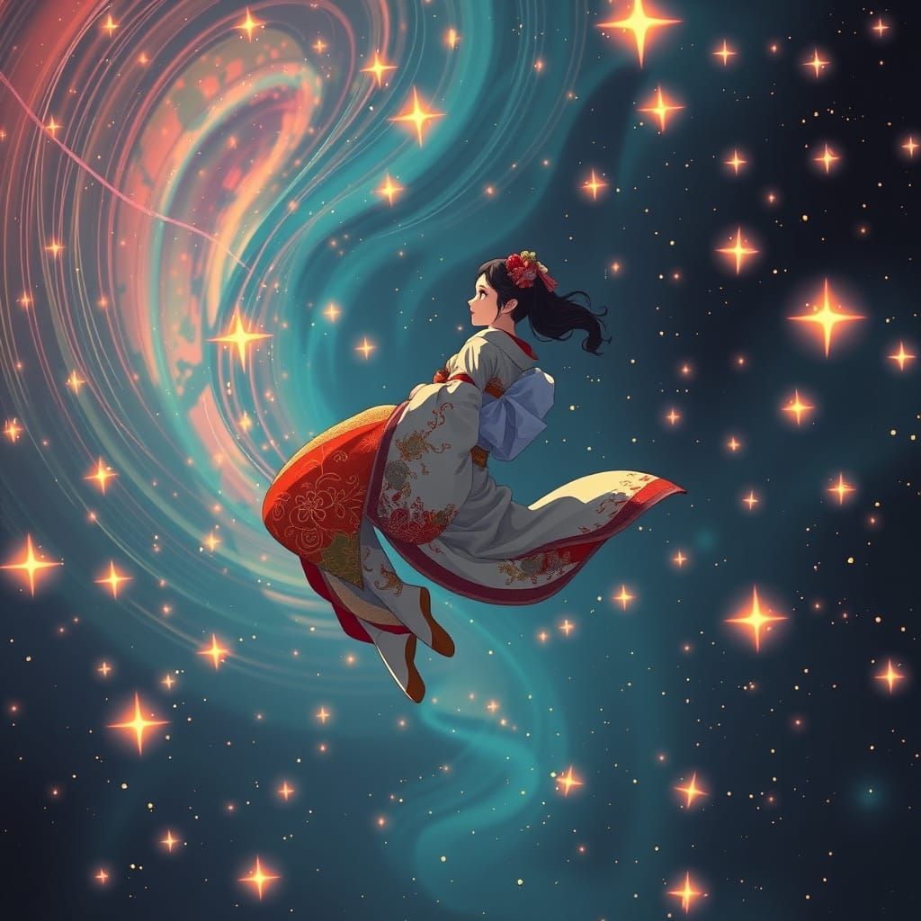 Geisha Girl Drifting in Space with Shooting Stars