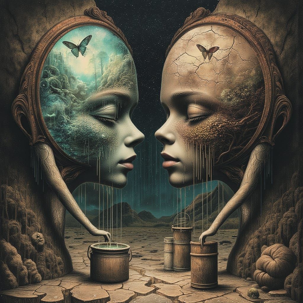 Surreal Mirrors Reflecting Worlds, Held by Pencil Figures