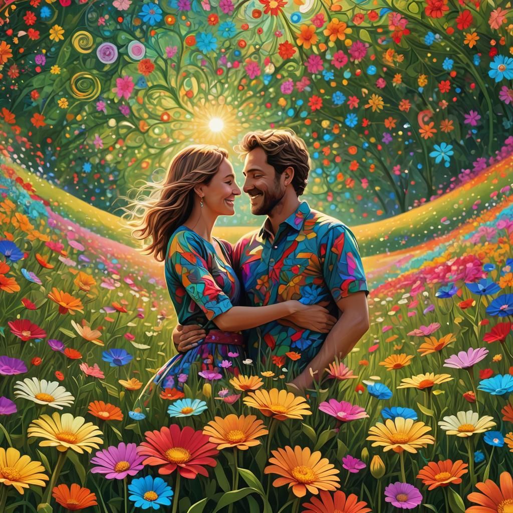 Vibrant Fractal Meadow with Embracing Couple