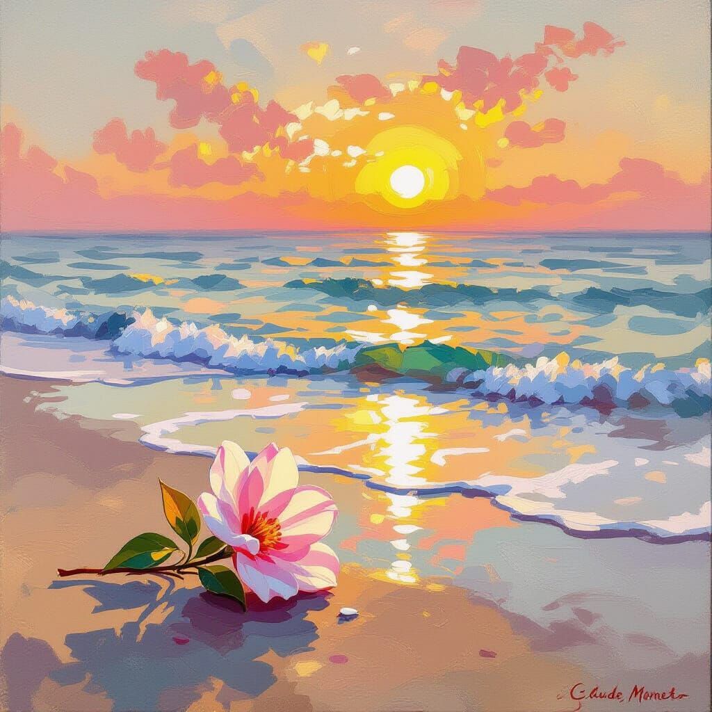 Flower on Beach at Sunset in Impressionist Style