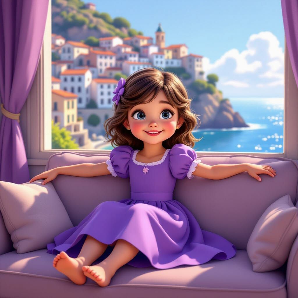 Italian Girl Relaxing on Couch in 80s Disney Style