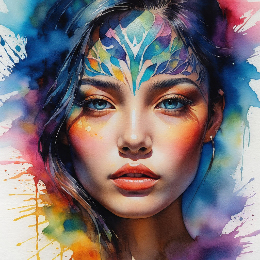 Vibrant Watercolor Portrait of a Woman with Intricate Tattoo
