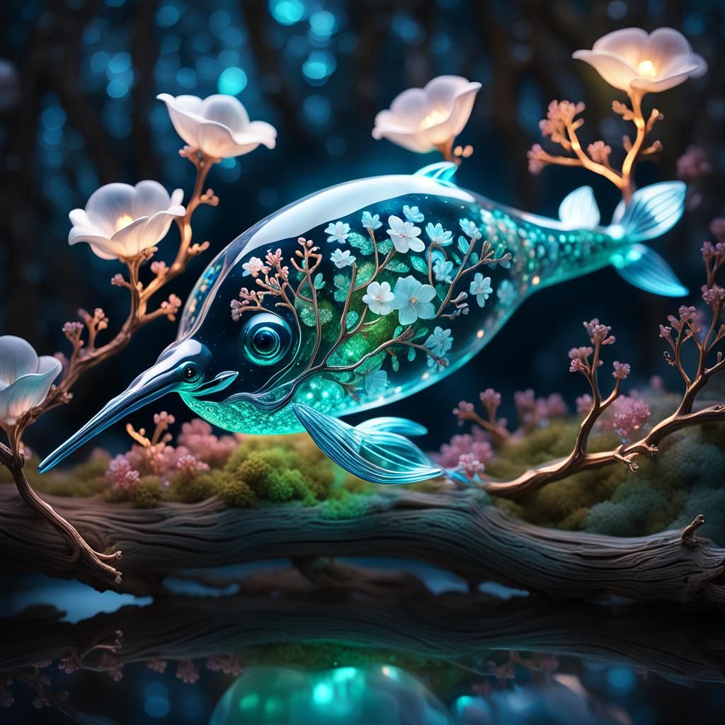 Bioluminescent Narwhal Sculpture in Mystical Forest