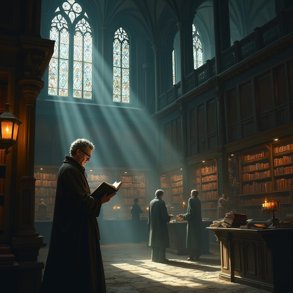 Scholar Reading in Moonlit Gothic Library