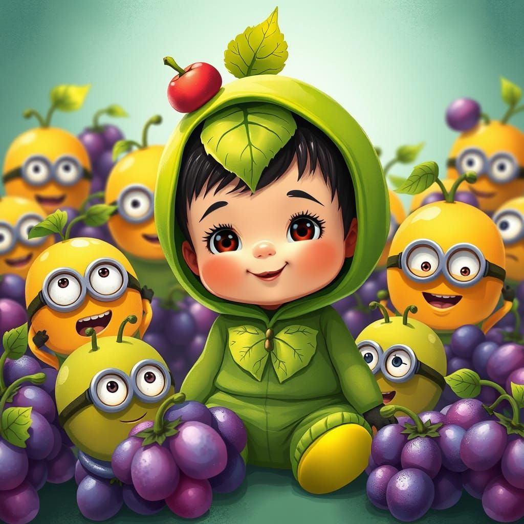 Whimsical Clementine Toddler and Grape Minions Illustration
