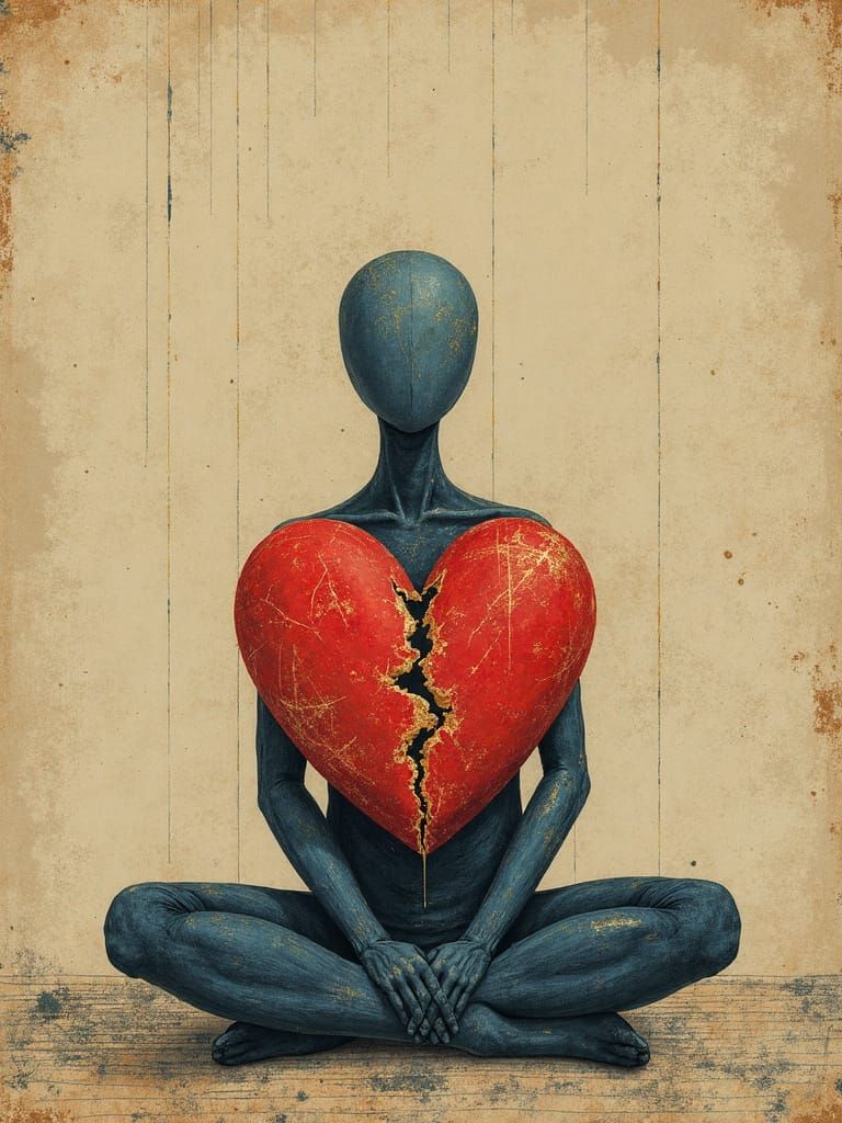 Humanoid Figure with Kintsugi Heart in Batik Style