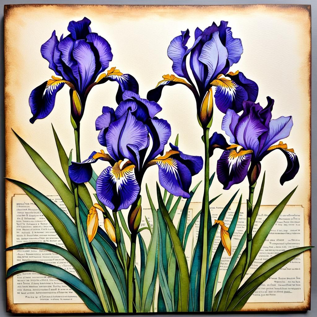 Irises in a Distressed Mixed-Media Style