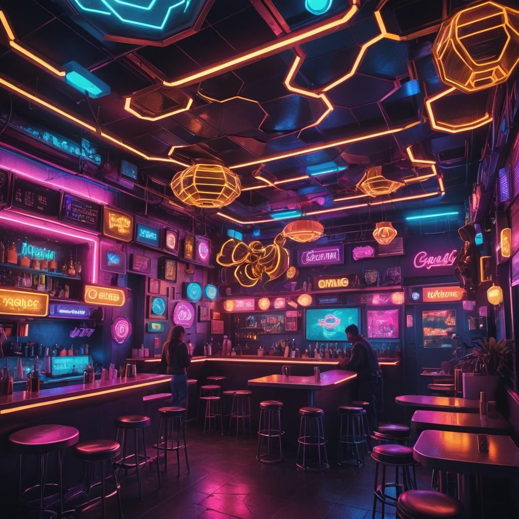 Retro-Futuristic Neon Honeycomb Dive Bar