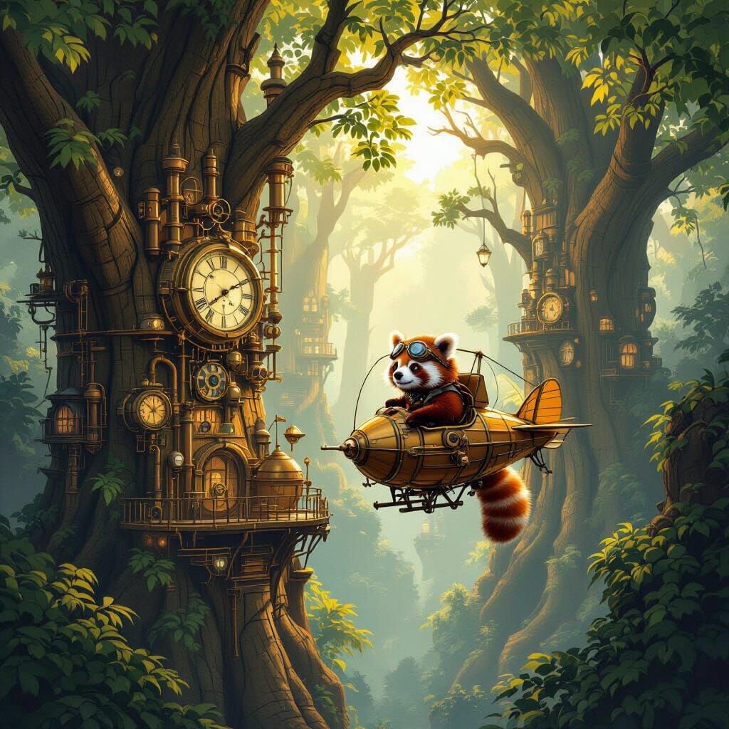 Steampunk Tree City with Red Panda Pilot