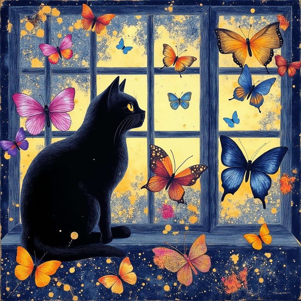 Whiskered Cat in Traditional Japanese Window Scene